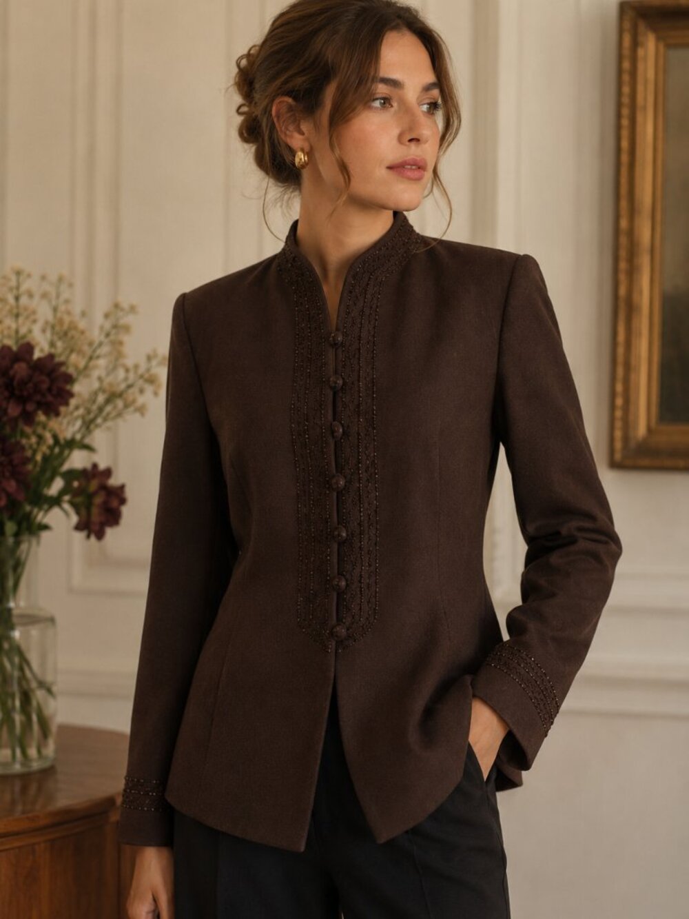 Kasper Vintage Wool Beaded Blazer Brown Mandarin Collar Jacket Womens 8 Evening